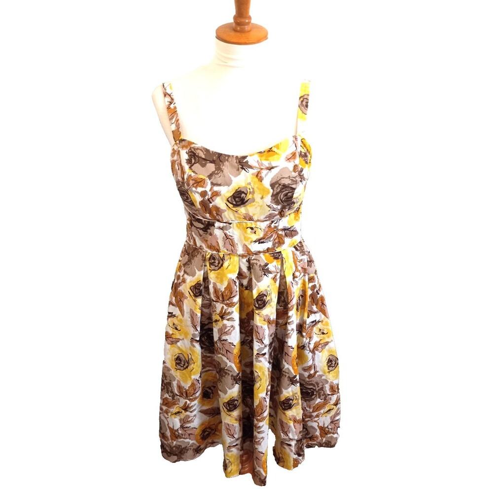Cato Yellow/Brown Floral Sundress, built in bra Size 10